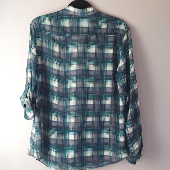 🌞 Band of Gypsies Plaid Blouse, Roll Sleeve, M - Picture 8 of 13